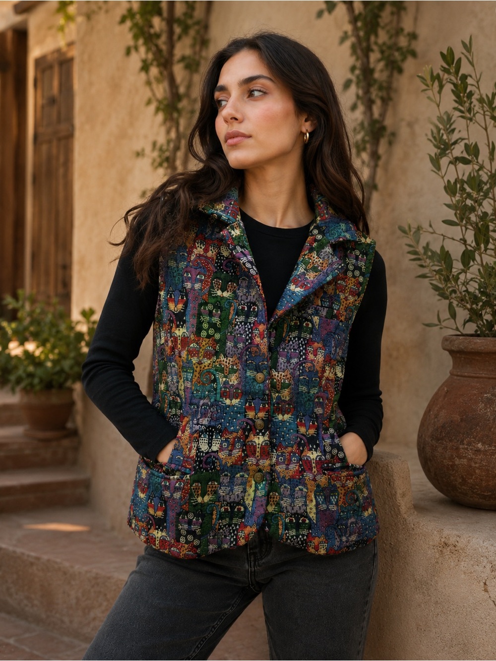 Vintage Womwn’s jacquard cat design vest L